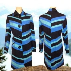 Trench Coat Striped Blue/ Black/Green Button Front Striped Rainwear Sz 6